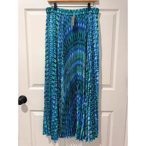 NWT Chico's Pleated Maxi Skirt Med Sz 1 (8) Long Silky Blue Green Teal Ikat Art